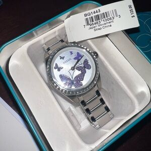 Fossil Silver Watch with Purple Butterfly Accents